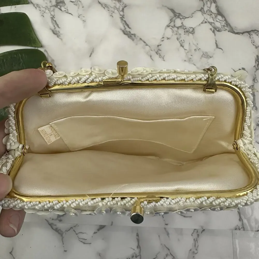 Vintage 70s Beaded Handbag Purse Cream Gold Sequin Kiss Lock Frame Evening
